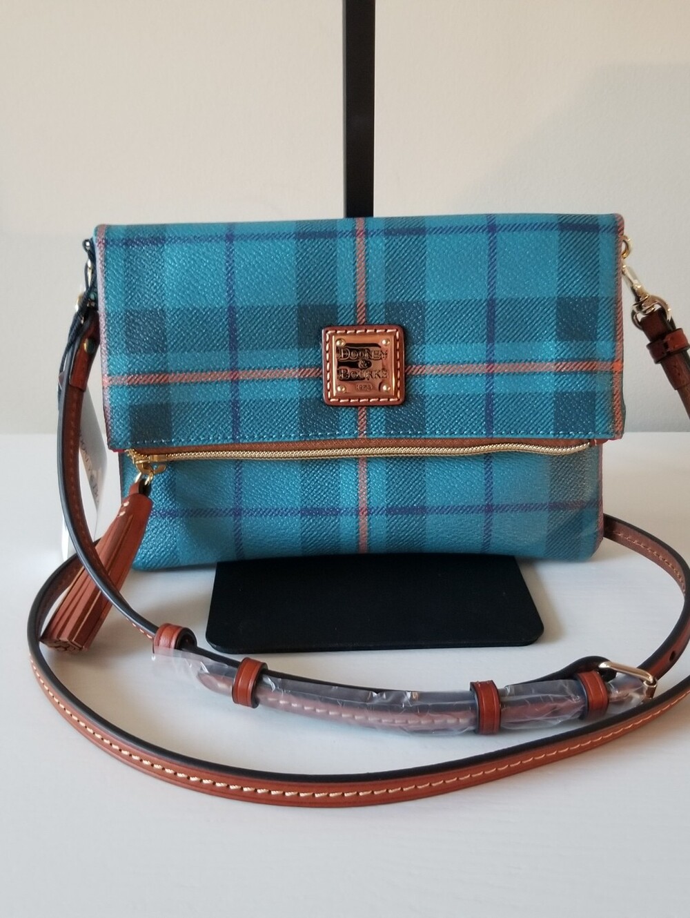 Dooney & Bourke Plaid Foldover Zip Crossbody Bag Teal NWT